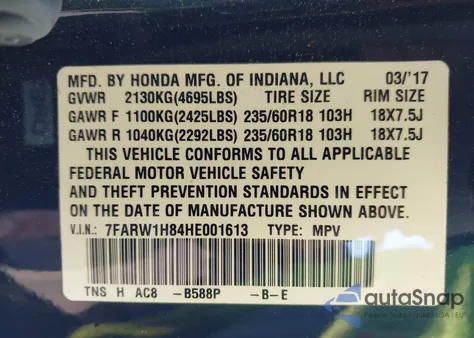 2017 Honda Cr-V Ex-L/Ex-L Navi from USA, damaged, VIN 7FARW1H84HE001613